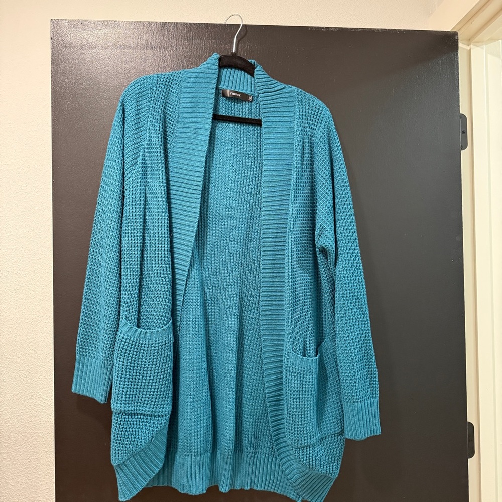 Blue Ribbed Open-Front Cardigan Sweater